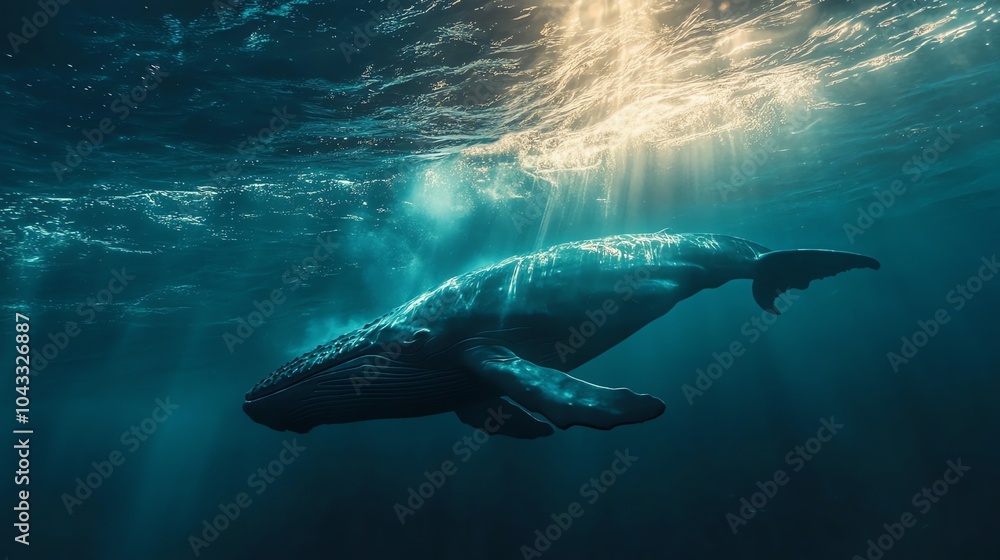Naklejka premium A humpback whale swims in the ocean.