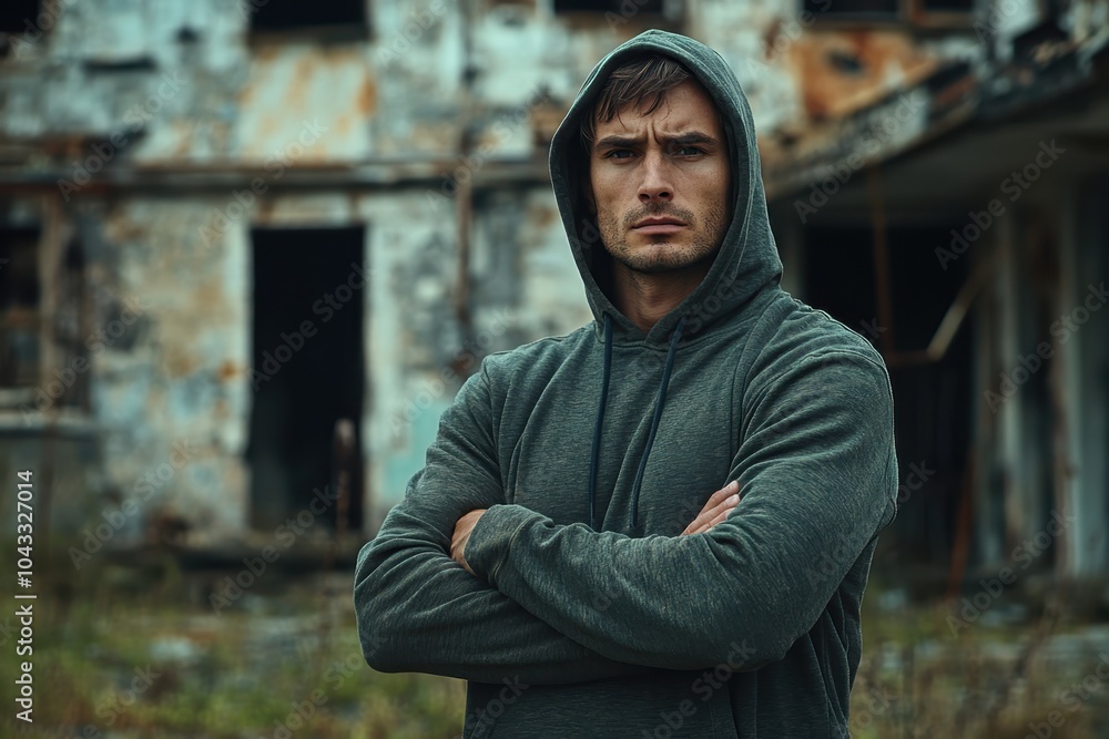 A man in a hoodie standing with arms crossed in front of a dilapidated building, his stance defensive and unapproachable. A man in a hoodie standing with arms crossed in front of a dilapidated building, his stance defensive and unapproachable.