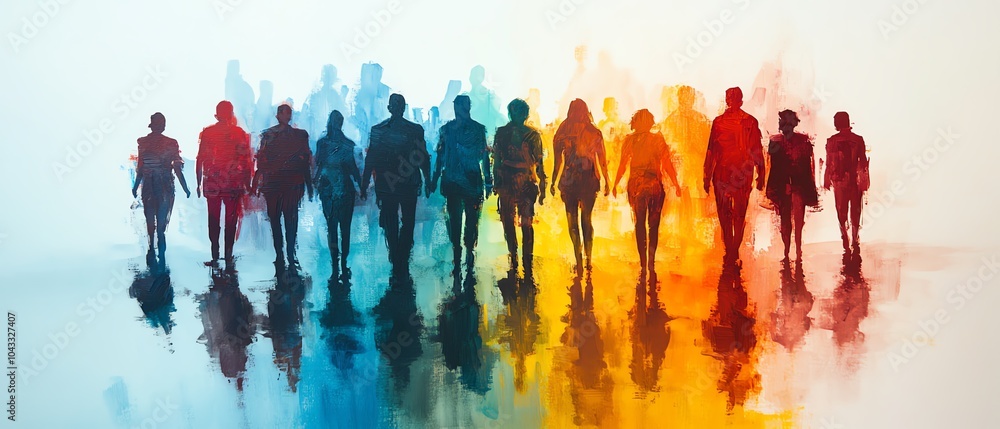 Obraz premium Group of people represented in an artistic style using simple shapes and bold colors, standing together on a bright white background, highlighting the essence of collaboration