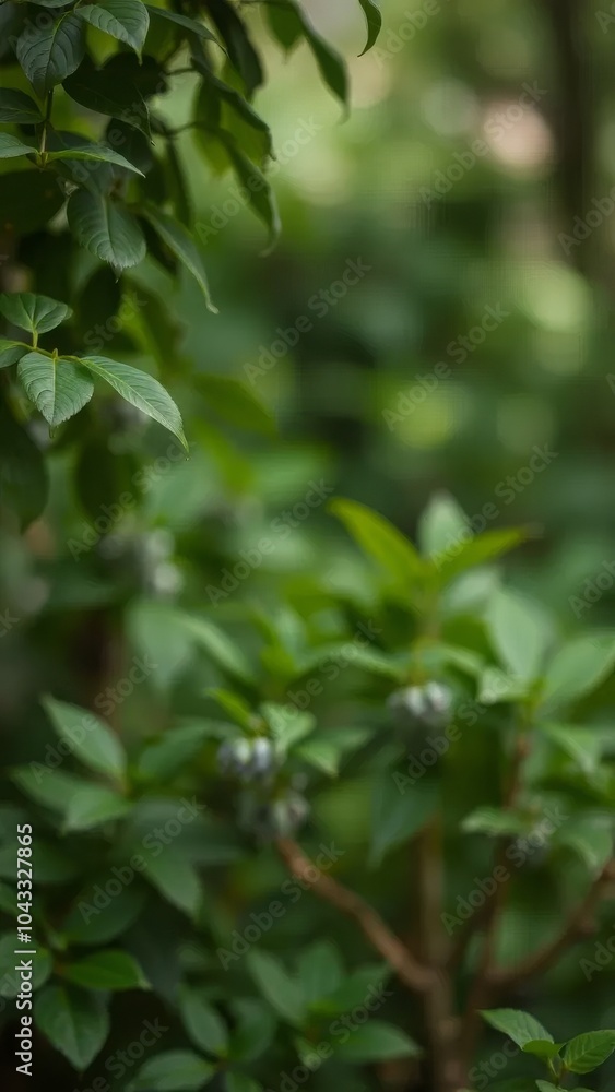 Lush green foliage with out-of-focus leaves and berries, creating a serene natural background. Perfect for concepts of tranquility and nature Lush green foliage with out-of-focus leaves and berries, creating a serene natural background. Perfect for concepts of tranquility and nature