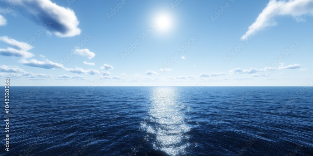 Fototapeta premium Tranquil blue ocean with bright sunlight and puffy clouds in the sky.