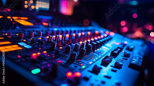 A professional sound mixer setup at a concert venue, showcasing an array of knobs, sliders, and digital screens.