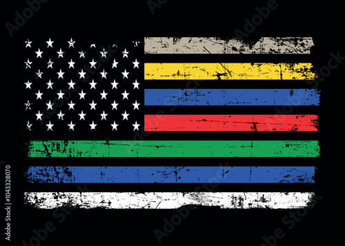 First Responder American Flag With Awareness Colors In Stars And Stripes. corrections, dispatchers, firefighters, emergency medical services, law enforcement, and military.