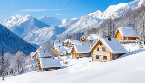 A picturesque snowy landscape with cozy wooden cabins nestled among the mountains, showcasing the beauty of winter's tranquility.