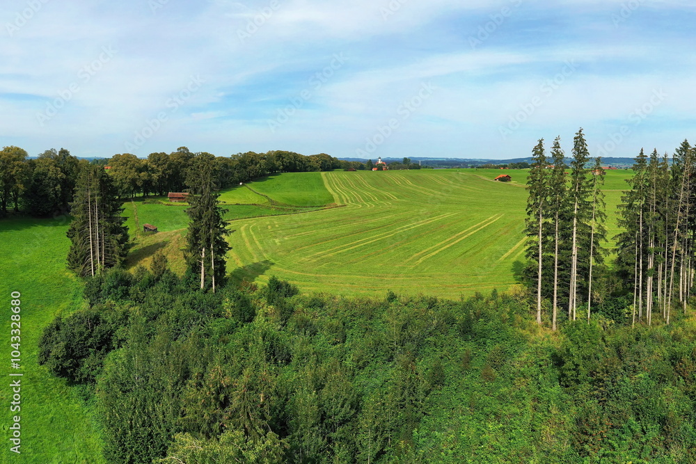 Fototapeta premium Luftbild der Lindenallee in Marktoberdorf mit Blick auf das historische Schloss. Marktoberdorf, Ostallgäu, Schwaben, Bayern, Deutschland.