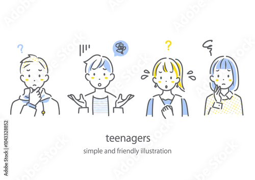 困る10代の学生たち　シンプルでお洒落な線画イラスト