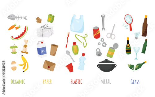 Garbage sorting food waste, organic, metal, plastic, paper and glass. Zero waste concept. Isolated illustration EPS 10 photo