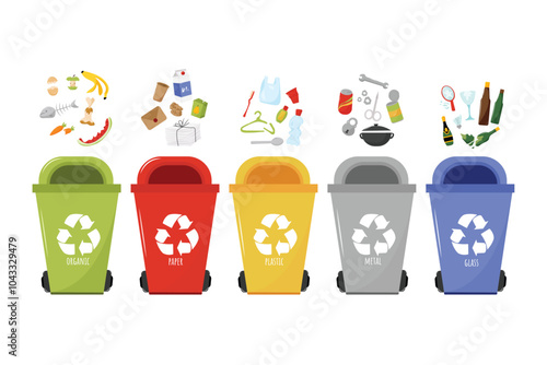 Set zero waste concept. Different types of garbage: organic, metal, plastic, paper and glass. Isolated illustration EPS 10