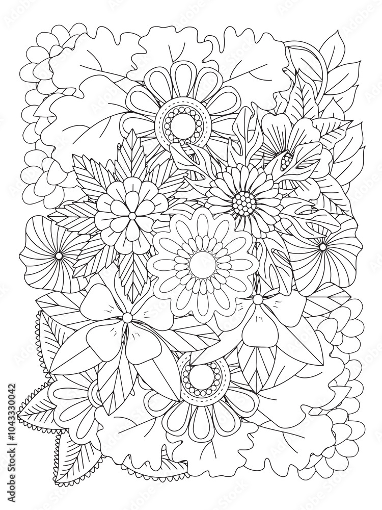 Obraz premium Flower pattern. Vector doodle flowers in black and white. Page adult coloring book. Coloring Flower Page.