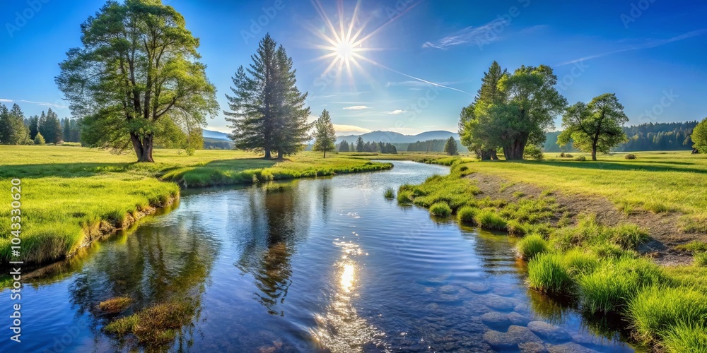 Tranquil River Winding Through a Lush Meadow Bathed in the Golden Glow of the Setting Sun Tranquil River Winding Through a Lush Meadow Bathed in the Golden Glow of the Setting Sun