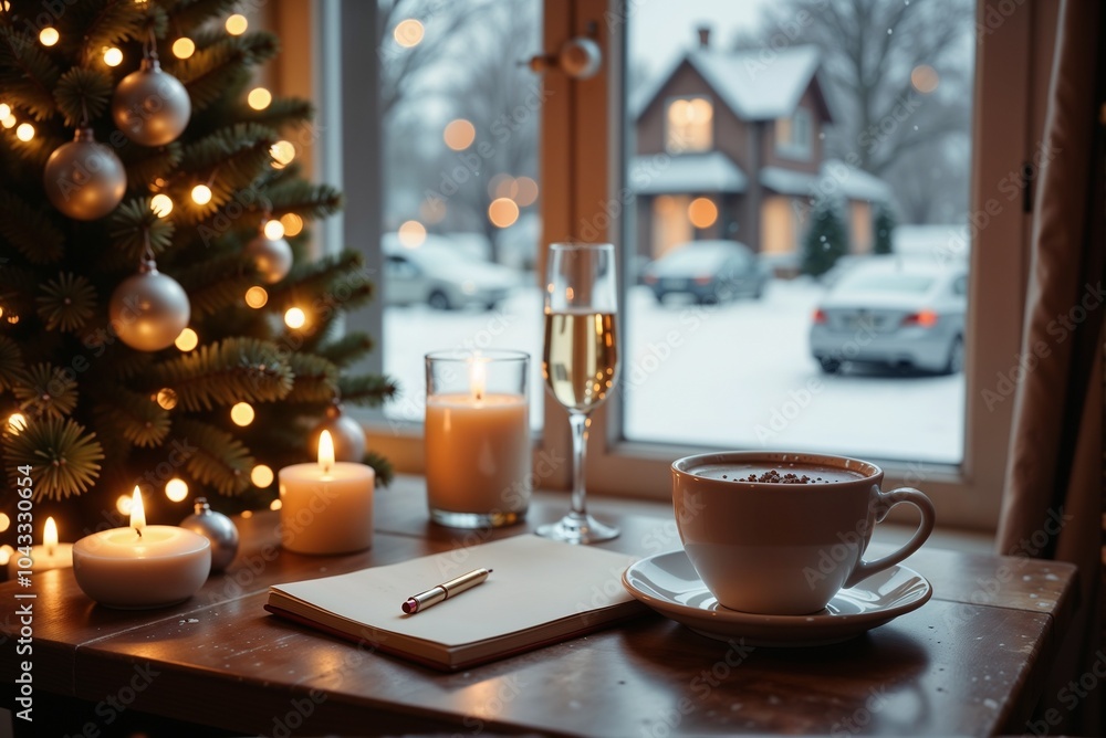 A Christmas tree is in the background with coffee on the table