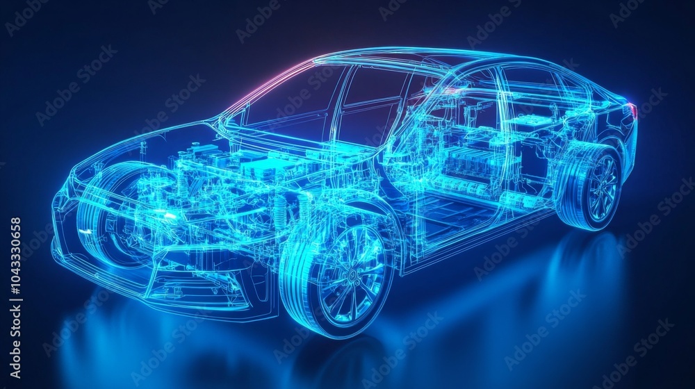 Fototapeta premium Detailed view of power connections in a vibrant blue electric car battery.