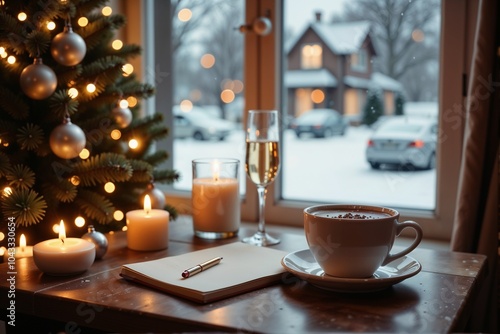 Obraz na płótnie A Christmas tree is in the background with coffee on the table w salonie