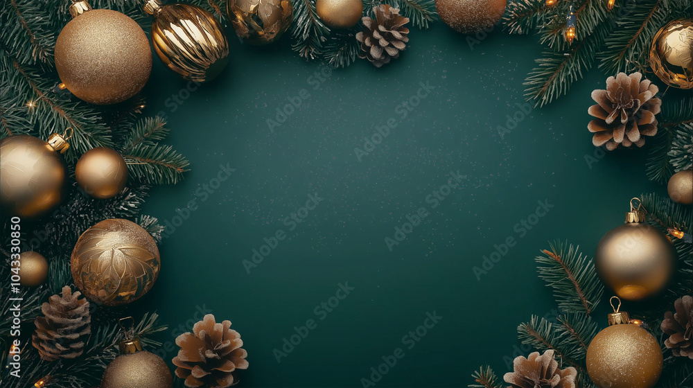 Beautiful green Christmas background with a border of fir branches, golden Christmas toys, stars and gifts Beautiful green Christmas background with a border of fir branches, golden Christmas toys, stars and gifts