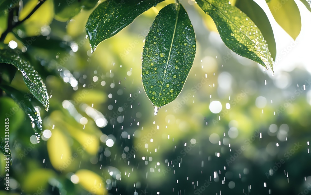 Backyard garden scene featuring rain falling on lush green leaves, droplets accumulating, creating a refreshing and serene atmosphere, highresolution detail Backyard garden scene featuring rain falling on lush green leaves, droplets accumulating, creating a refreshing and serene atmosphere, highresolution detail
