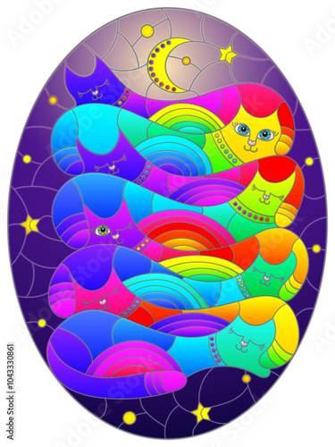 An illustration in the style of a stained glass window with bright cats on the background of the night sky with the moon and stars