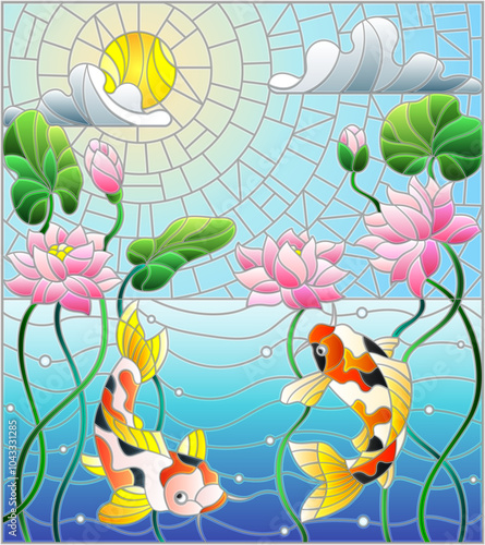 Illustration in stained glass style with a pair of carps on the background of water and algae