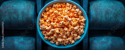 Birdseye view of an enticing popcorn snack pile in a cinema, golden kernels invitingly arranged, perfect for a night out at the movies photo