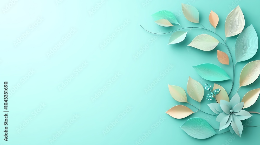 Obraz premium Paper flower and leaves on a blue background.