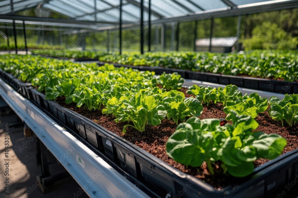 Vibrant green lettuce plants thrive in an indoor greenhouse environment, showcasing sustainable agricultural practices and innovative growing technology. Vibrant green lettuce plants thrive in an indoor greenhouse environment, showcasing sustainable agricultural practices and innovative growing technology.