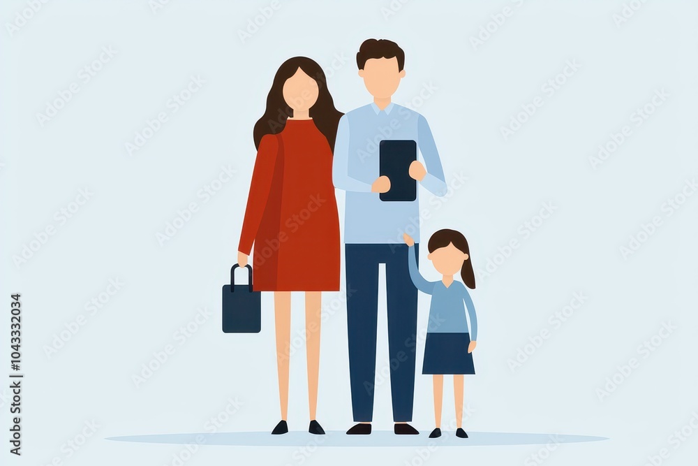 Family standing together, modern illustration, playful expression, light background. Family standing together, modern illustration, playful expression, light background.