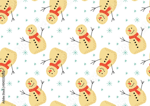 Seamless winter pattern with cute snowmen in scarves with snowflakes scattered around. Ideal for Christmas packaging, holiday decorations and seasonal designs.