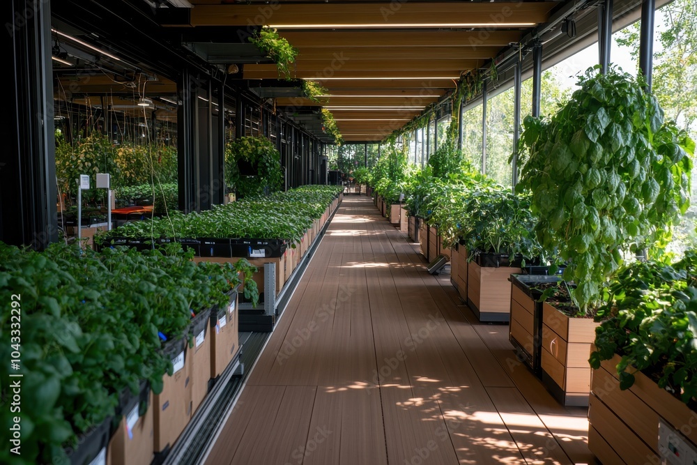 The image displays a long corridor in a greenhouse, lined with thriving plants on wooden platforms, capturing a blend of nature and modern architectural design. The image displays a long corridor in a greenhouse, lined with thriving plants on wooden platforms, capturing a blend of nature and modern architectural design.