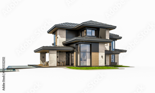 3d rendering of modern two story house with gray and wood accents, large windows, parking space in the right side of the building, daylight, isolated on white