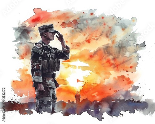 A soldier salutes with pride against a vivid sunset, symbolizing respect and dedication. This artwork captures the essence of military values and patriotism.