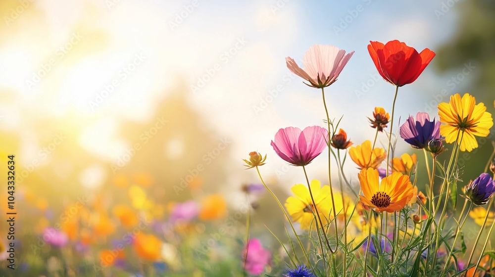 A vibrant field of colorful wildflowers blooms under a bright sun, creating a picturesque and cheerful atmosphere. A vibrant field of colorful wildflowers blooms under a bright sun, creating a picturesque and cheerful atmosphere.