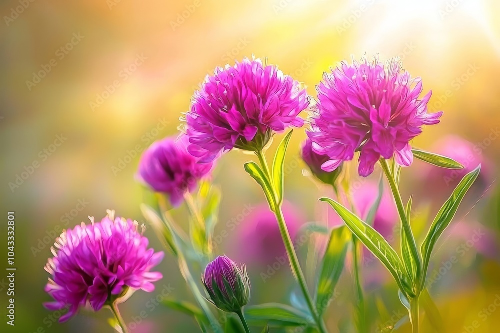 Vibrant purple clover flowers basking in soft morning sunlight, creating a serene and joyful scene of natural beauty and tranquility. Vibrant purple clover flowers basking in soft morning sunlight, creating a serene and joyful scene of natural beauty and tranquility.