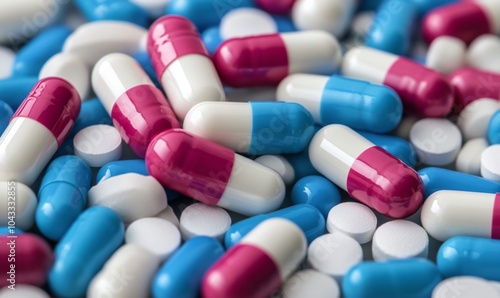 a pile of multicolored pills sitting on top of a pile of white and blue pills on top of each other