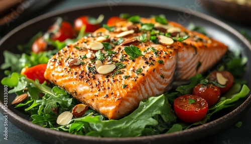 Delicious salmon fillet garnished with toasted almonds, served on a bed of mixed greens and cherry tomatoes, bright and fresh colors, healthy meal idea