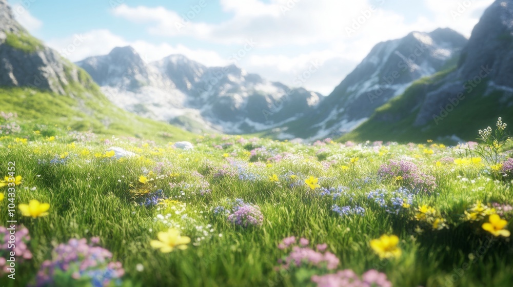Fototapeta premium Lush meadow with wildflowers in front of snow-capped mountains.