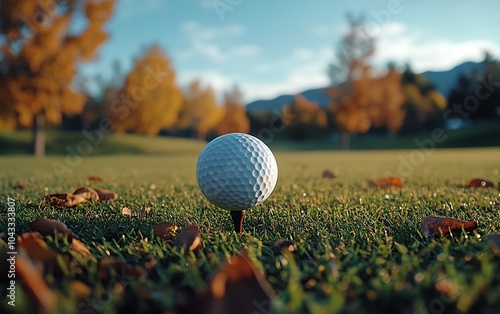 Detailed low angle view of a golf ball teed up on a tee, set against a blurred background of a golf course, capturing the essence of the game photo