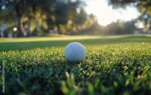 Detailed low angle view of a golf ball teed up on a tee, set against a blurred background of a golf course, capturing the essence of the game photo