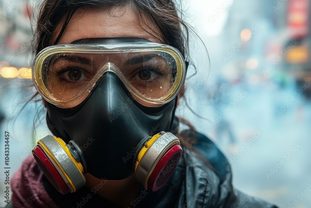 A close-up of a person wearing goggles and a respirator, with a background of tear gas-filled streets, symbolizing the preparation for and response to police tactics A close-up of a person wearing goggles and a respirator, with a background of tear gas-filled streets, symbolizing the preparation for and response to police tactics