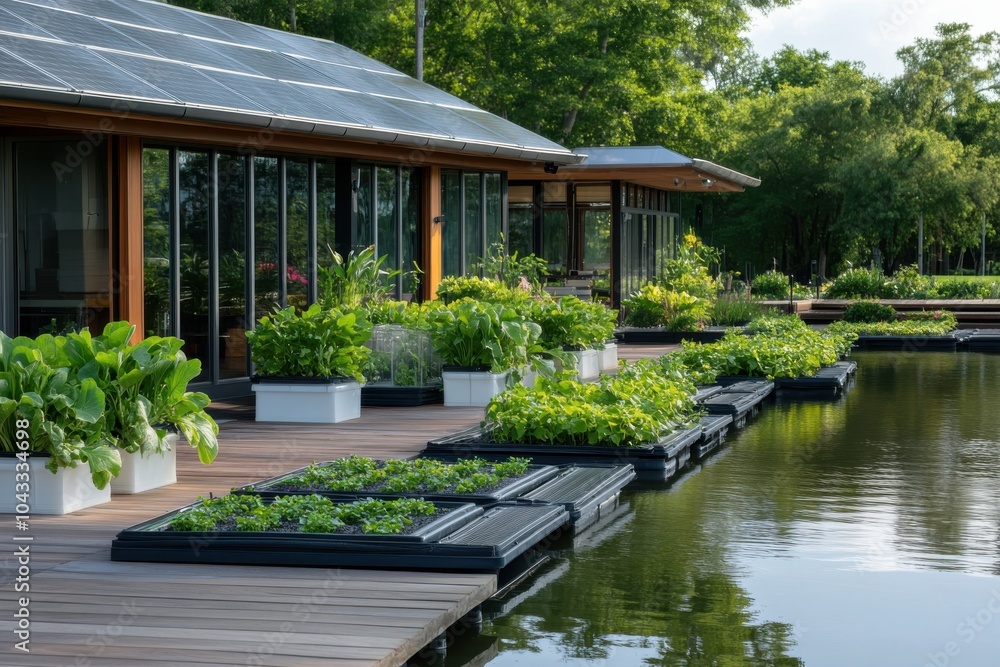 Sustainable floating gardens filled with vibrant vegetation resting on a tranquil waterfront deck, demonstrating environmental harmony and modern landscape architecture. Sustainable floating gardens filled with vibrant vegetation resting on a tranquil waterfront deck, demonstrating environmental harmony and modern landscape architecture.