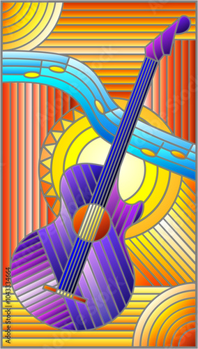 Illustration in stained glass style on the theme of music, abstract purple guitar and notes on an orange background