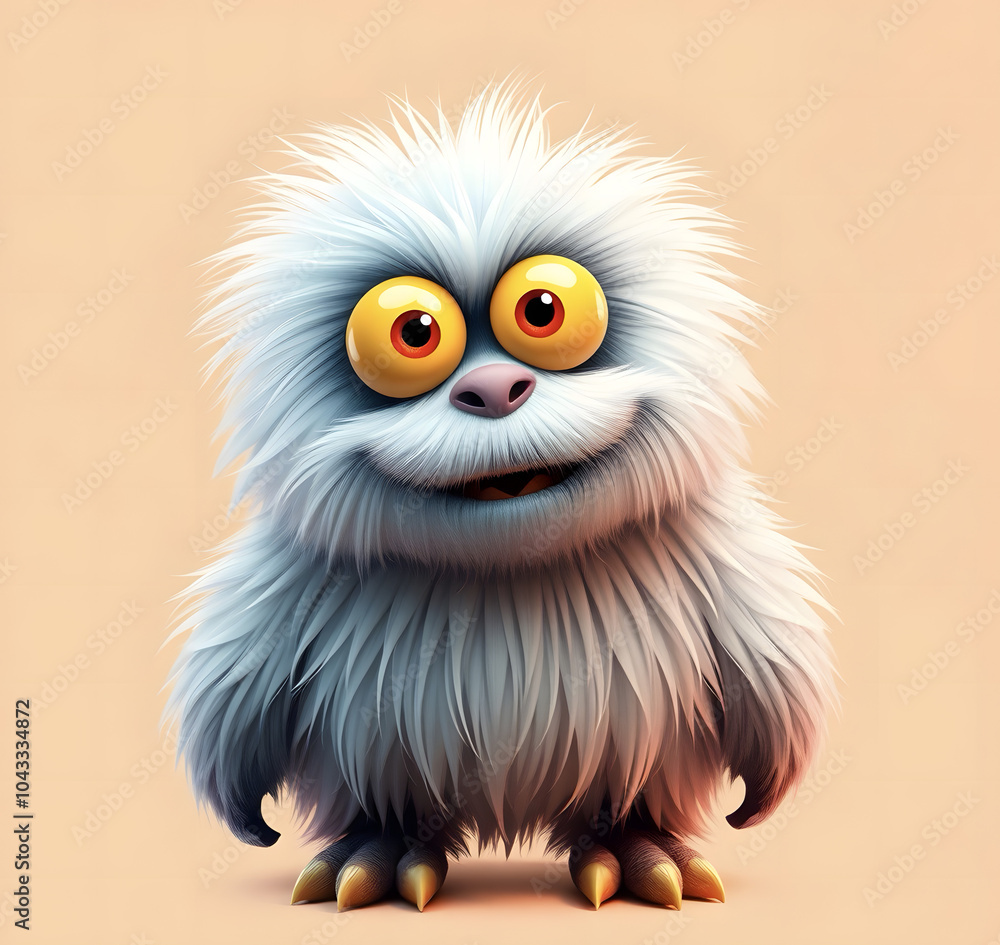 Fototapeta premium Cheerful fluffy monster on a clean bright orange background. Joyful and furry little monster. Charming yeti. Halloween character.