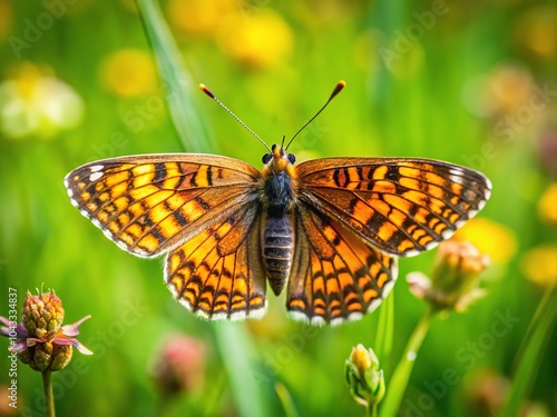 Capture the fleeting beauty of the Marsh Fritillary, Euphydryas aurinia, in flight.