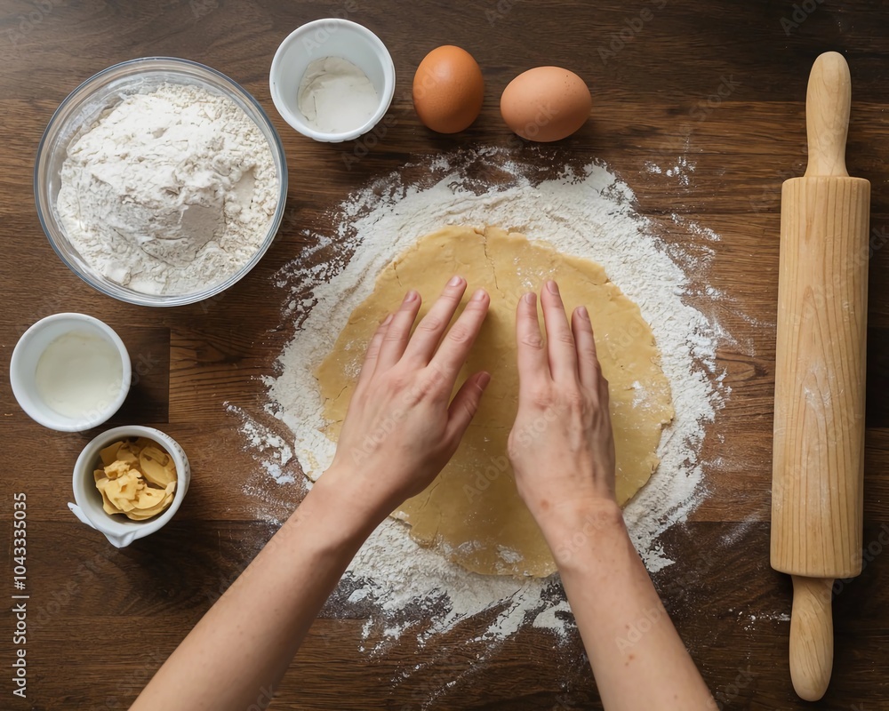 Overhead view of a hands preparing dough with flour, eggs, and rolling pin Overhead view of a hands preparing dough with flour, eggs, and rolling pin