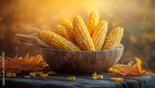 Freshly picked yellow corn arranged in a wooden bowl, sitting on a wooden table with a cozy, autumnthemed background, realistic details photo