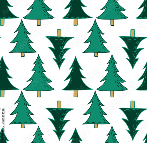 Seamless winter pattern with green hand-drawn Christmas trees. Ideal for Christmas packaging, holiday decorations and seasonal designs.