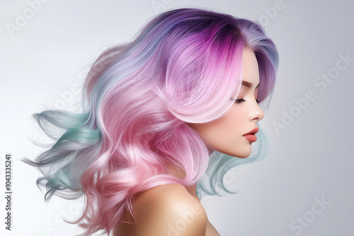 Stylish young woman with pastel-colored hair in shades of pink, purple, and blue, posing gracefully with closed eyes in a vibrant fashion portrait.