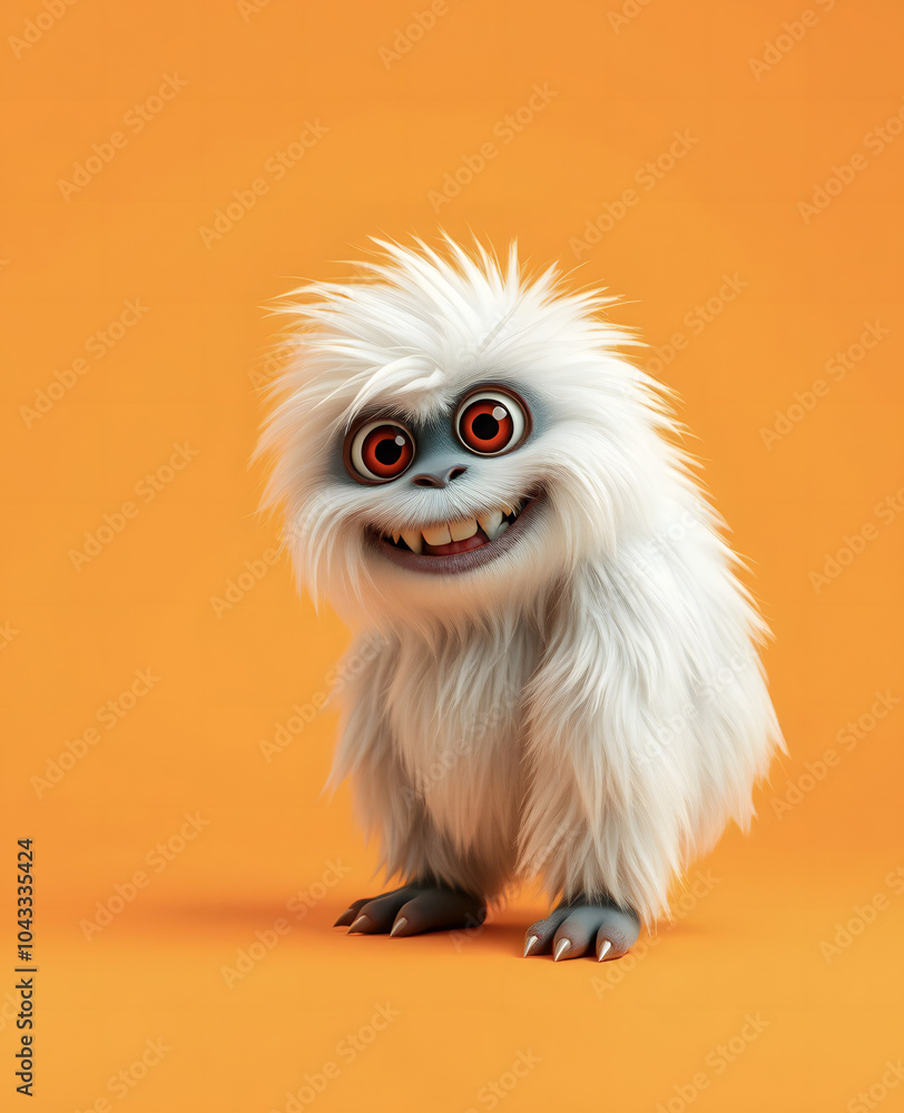 Obraz premium Cheerful fluffy monster on a clean bright orange background. Joyful and furry little monster. Charming yeti. Halloween character.