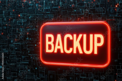 Neon backup sign on a digital background, symbolizing data security.