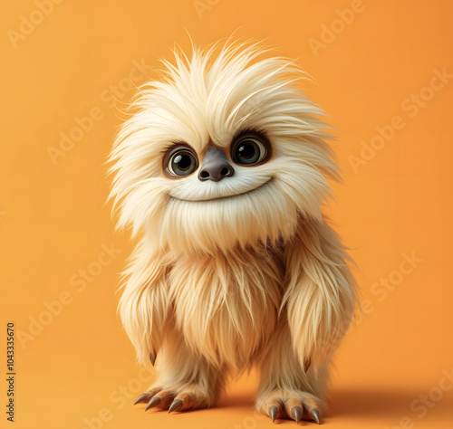 Cheerful fluffy monster on a clean bright orange background. Joyful and furry little monster. Charming yeti. Halloween character.