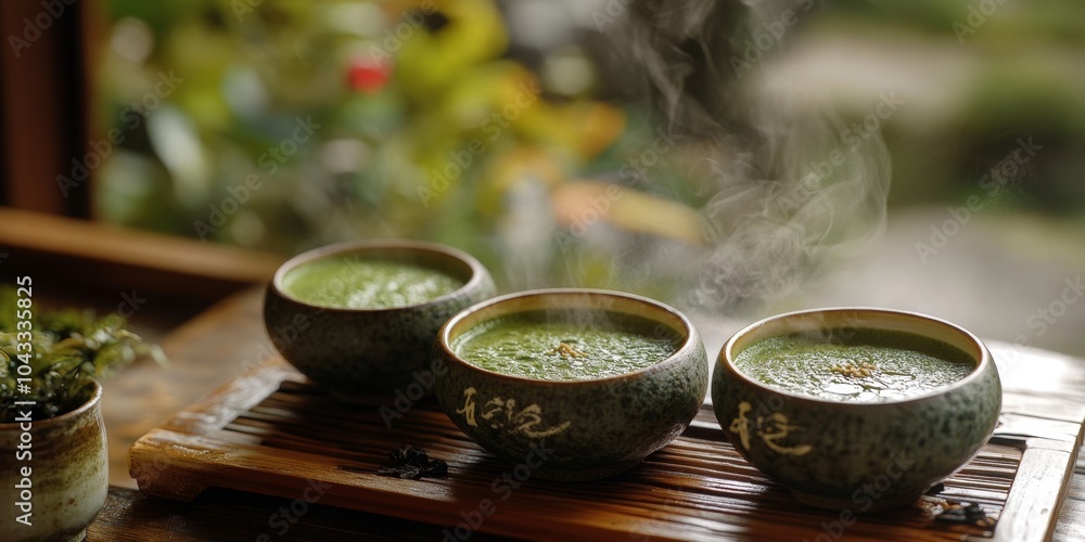 cup of matcha tea on wooden Japanese terrace lit with beautiful sunlight. ai generated cup of matcha tea on wooden Japanese terrace lit with beautiful sunlight. ai generated