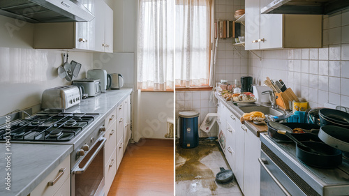 Wallpaper Mural clean and dirty kitchen side by side, showcasing contrast between organized and cluttered spaces. left side features tidy setup with appliances, while right displays chaotic scene with dirty dishes Torontodigital.ca